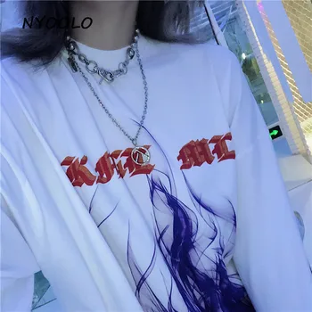 NYOOLO Otoño Harajuku Streetwear Llama de Impresión en blanco camiseta Casual de Manga Larga del O-cuello de la Camiseta de las mujeres/de los hombres la ropa tops camiseta