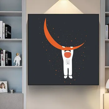 Nórdicos pintados a Mano de dibujos animados Naranja Planeta Astronauta de la Luna Villano Lienzo de Pintura para Niños en la Habitación de Decoración de la Pared del Arte de la Pintura