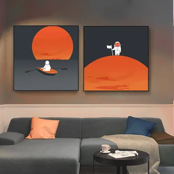 Nórdicos pintados a Mano de dibujos animados Naranja Planeta Astronauta de la Luna Villano Lienzo de Pintura para Niños en la Habitación de Decoración de la Pared del Arte de la Pintura