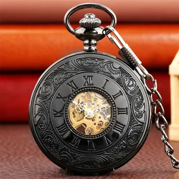 Oro Rosa/Negro/Plata/ Bronce Números Romanos Pantalla Mecánico De La Mano De La Bobina Antiguos Relojes De Bolsillo De La Vendimia Colgante De Reloj De Regalos