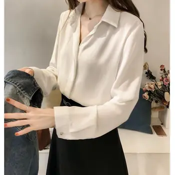 Otoño 2020 De Manga Larga Blusa De La Mujer Sólidos Simple Gasa Camisetas De Corea Suave, Elegante, Femenina Ropa De Trabajo Blusas Más El Tamaño De La Oficina