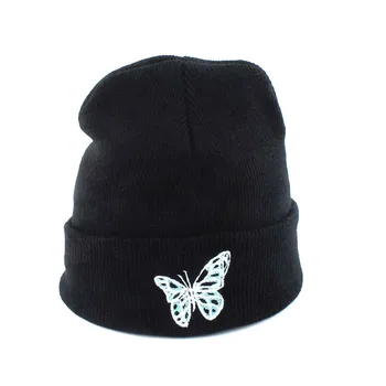 Otoño Casual Negro Gorros Sombreros Para Las Mujeres De Los Hombres De La Mariposa De Bordado De La Gorra De Invierno Cálido Punto De Hip Hop Beanie Hat
