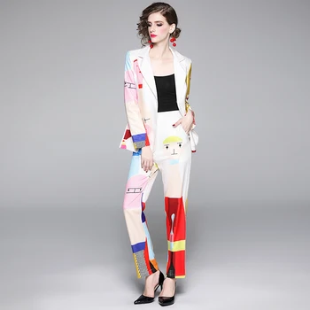 Otoño Damas Retrato de Impresión Traje de Mujer a la Moda 2020 Nuevas Muescas Blazer Chaqueta+ Bolsillo Elástico en la Cintura del Pantalón 2 piezas Traje