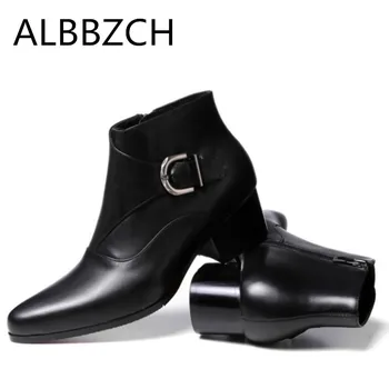 Otoño invierno botas de tobillo para hombre de 5 cm de tacones en punta businss zapatos de vestir de los hombres de moda de la hebilla de la empresa de diseño de botas de trabajo 26428