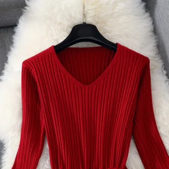 Otoño Invierno Vestido de 2020 las Mujeres de Cordón V-cuello de Malla de punto de Encaje Rojo de Manga Larga Delgada de Largo Midi Plisada Vestido de Primavera