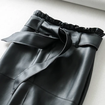 Otoño Negro Cuero de la PU de la mitad de las Pantorrillas Faldas Lápiz de Cintura Bowknot Dulce Imitación de Cuero de la Espalda Split OL Faldas de Tubo 8189