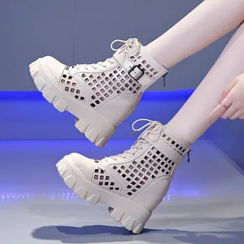 Otoño Punk de Cuero Hebilla de Huecos de Tobillo Botas para Mujer de Moda de Aumento de Altura de Verano Zapatos de Mujer con Plataforma con tacón Grueso Botas
