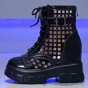 Otoño Punk de Cuero Hebilla de Huecos de Tobillo Botas para Mujer de Moda de Aumento de Altura de Verano Zapatos de Mujer con Plataforma con tacón Grueso Botas