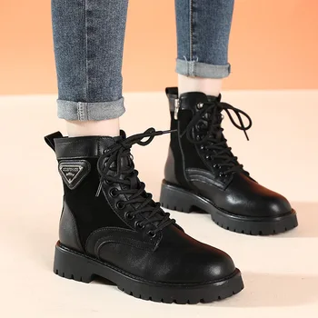 OUKAHUI Nueva 2020 Estilo Británico Otoño de Cuero Genuino a mitad de la Pantorrilla Botas de Mujer con cordones de Invierno Plaza Mediados Talón Dama de Negro Botas de Zapatos
