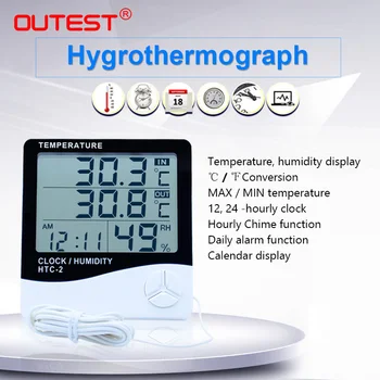 OUTEST HTC-2 Termómetro Digital de Temperatura Humidit Medidor Higrómetro Reloj despertador medidor de Humedad al aire libre interiores del termómetro