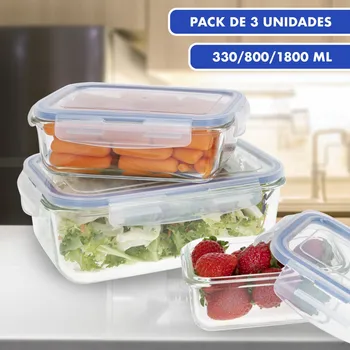 Pack de vidrio envases herméticos, microondas-fit Tupper de cristal, envases de alimentos con cierre, transparente tapas