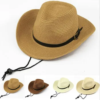 Paja Sombrero de Vaquero para Hombres de Verano Occidental Sombreros Adultos Fresco Panamá Sombrero de Sol de las Mujeres con la Correa de la Playa de Cap con cadena Sombrero de Vaquera