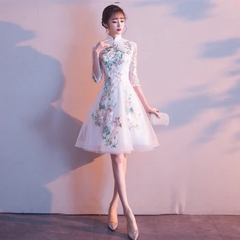 Parte de la Noche Cheongsam Vestido Oriental China de Estilo de la Mujer de Encaje Elegante Qipao de Novia Sexy Prom Túnica Corta Retro Vestido XS-3XL