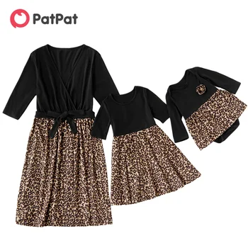 PatPat 2021 la Primavera y el Otoño Mosaico de Leopardo cuello en V Bowknot Vestidos para la Mamá y Me falta casual y Familiar Coincidencia de Vestidos de