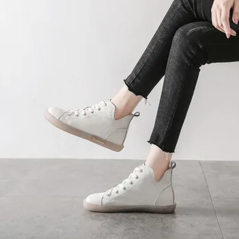 PEIPAH 2019 Otoño de Cuero Genuino de las Mujeres de Tobillo Botas Planas con Zapatillas de deporte Zapatos de cordones Mujer Chelsea Botas de Plataforma Botas Mujer