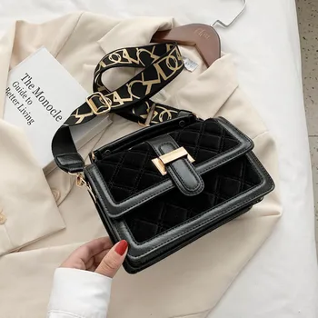 Pequeño Negro Acolchado Crossbody Bolsas para las Mujeres 2020 Cuadros Amplia Solapa de la Correa del Hombro de la Mujer de la Bolsa de Diamantes de Celosía de Terciopelo Bolso Tote
