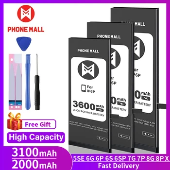 PHONEMALL de Alta Capacidad AAAAAA Batería Para el iPhone 6 6S 5G 5S 7 8 Plus X 6Plus Original Bateador de Reemplazo Para el Iphone X 6 7G