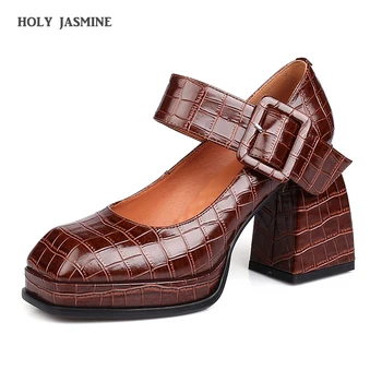 Piedra patrón de Cuero de Zapatos de Mary Jane para las Mujeres 2021 Otoño primavera Grueso de alta Correa de Tobillo Bombas de la Mujer Fondo Grueso Zapatos de alta