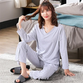 Pijamas otoño de color sólido sexy V-cuello de manga larga ropa de cama servicio a domicilio de traje de mujer de algodón suelta básico de la ropa de dormir pijamas de las mujeres
