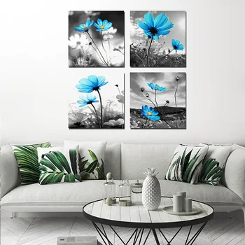 Pintura en tela, 4 Piezas Azul de la Flor en Blanco y Negro de Fondo de Arte de la Pared Posters y Impresiones de Imágenes de la Pared Decoración del Hogar