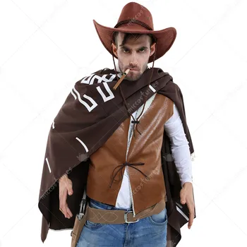 Pistolero errante Traje de Clint Eastwood Poncho Traje de Vaquero Vaquero del Oeste disfraces de Halloween para Hombres