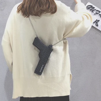 Plata y negro de la Pistola de Forma Cuero de la Pu del Diseño de la Chica Casual Bolso de Embrague de la Cruz el Cuerpo de la Mini Bolsa de Hombro Bolso de la Aleta Bolso de mano Para las Mujeres