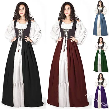 Plus Tamaño Mujeres Medieval de Disfraces Vestido de Gótico vendaje Victoriana con la Túnica de la Espalda de Encaje Vintage de Palacio de Lujo Maxi Vestido Largo Vestido