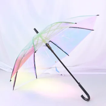 Plástico PVC Holográfica Paraguas de la Moda de Lluvia Sombrilla de Largo Mango de Paraguas Transparente 43501