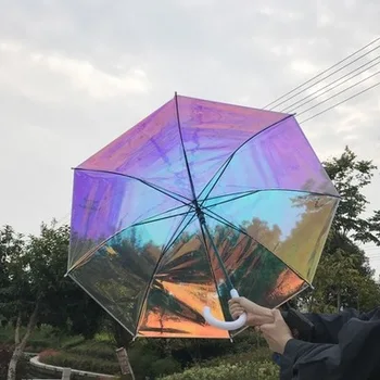 Plástico PVC Holográfica Paraguas de la Moda de Lluvia Sombrilla de Largo Mango de Paraguas Transparente