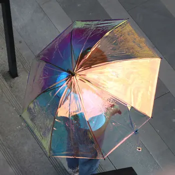 Plástico PVC Holográfica Paraguas de la Moda de Lluvia Sombrilla de Largo Mango de Paraguas Transparente