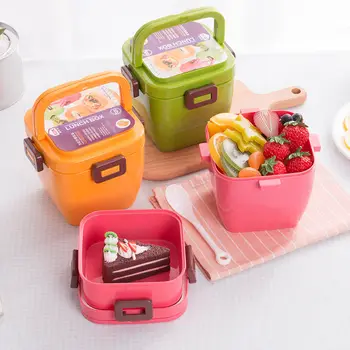 Portable 2 Layer Caja de Almuerzo de Comida Recipiente de Horno de Microondas Almuerzo Bento Boxes con la Manija de la Lonchera de los Niños Estudiantes