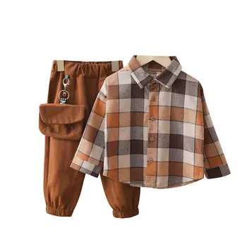 Primavera Otoño de Algodón Niño 2pcs Adaptarse a Niños Conjuntos de Ropa de la tela Escocesa de la Solapa de la Camisa+Pantalones para Niños Traje Lindo Niños de la Capa Activa Traje