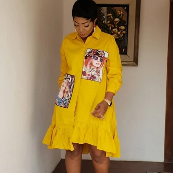 Primavera Otoño De La Moda De Impresión Amarillo Plisado Vestido Casual Lindo De Las Mujeres Rebordear Vestidos De Camisa De Manga Larga De Más El Tamaño De Vestidos