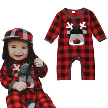 Pudcoco Bebé Recién nacido Niño Niña de Navidad de los Ciervos Mameluco rojo y negro Cheques Mono Pijama de navidad xmas mameluco bebé niña niño