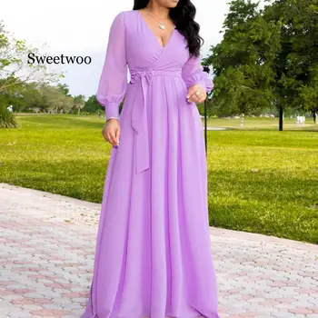 Púrpura De Gasa De Las Mujeres Vestido Largo De La Primavera De Otoño Cintura Alta Una Línea Maxi Vestido De Traje De Fiesta Elegante Vestiods