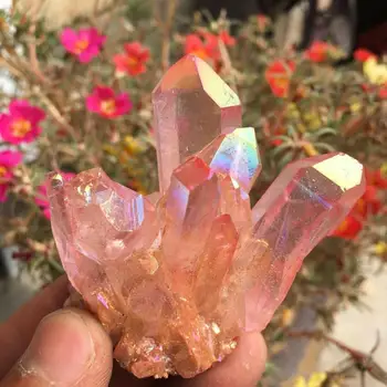 Rara hermosa rosa llama aura de cristal de cuarzo de clúster muestra 60-70
