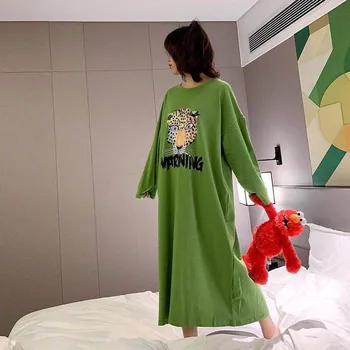 Rayas de las Mujeres de Moda de Verano Camisón de manga larga Casual Larga ropa de dormir de Algodón para Dormir Tee Camisón de impresión Nighdress Nuevo