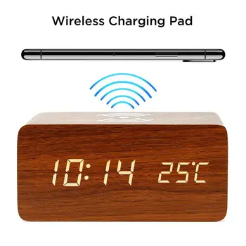 Reloj Despertador Con Qi Wireless Charging Pad Compatible Con Iphone Samsung Madera Led Reloj Digital De Sonido La Función De Control De