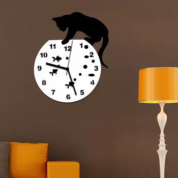 Relojes de pared 3D Decoración del Hogar Reloj de Pared de Acrílico del Gato y el Diseño de Pez Gran Reloj de Cuarzo Gato Reloj de la Sala de estar Decorativos relojes#5%