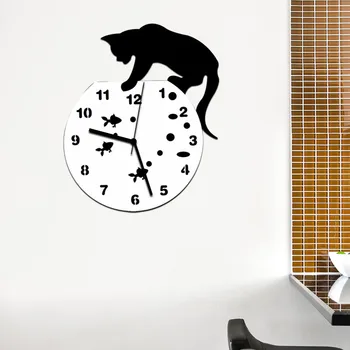 Relojes de pared 3D Decoración del Hogar Reloj de Pared de Acrílico del Gato y el Diseño de Pez Gran Reloj de Cuarzo Gato Reloj de la Sala de estar Decorativos relojes#5%