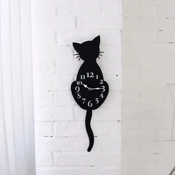 Relojes de pared Para la sala de estar Creativa de dibujos animados Lindo Gato Reloj de Pared de la Decoración del Hogar Reloj de Manera de la Cola Mueva el Silencio de envío de la Gota June22 754