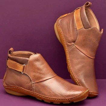 Retro Botas hechas a Mano de Cuero de la PU de las Mujeres de la Vendimia de Tobillo Botas de Otoño E Invierno Explosiones de Zapatos de Mujer de Moda de Velcro Plana Botas