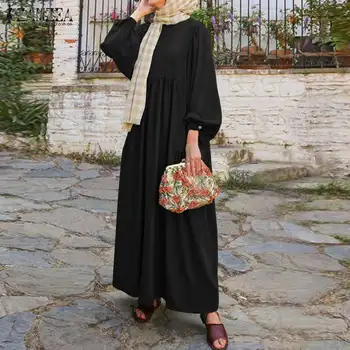 Retro Vestido de Musulmán las Mujeres Abaya Turquía Hiyab Vestido ZANZEA Casual Largo Puff Manga Sólido Vestido Islámico Ropa Dubai Túnica 5XL
