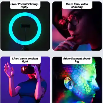 RGB Colorido Anillo de Luz LED de 10 Pulgadas de 160 cm de Soporte de arco iris anillo de luz USB Con Soporte de Teléfono 16 Colores de Luz Para la transmisión en Vivo de la Foto