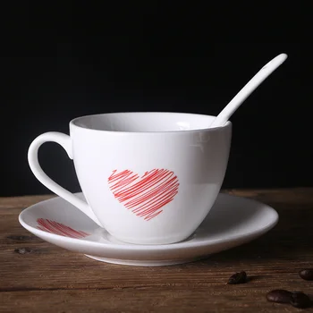 Rojo azul amor patrón taza de café con plato de cuchara,simple Tazas de cerámica conjunto,Tarde taza de té de todo para la cocina de té de la taza