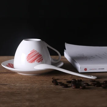 Rojo azul amor patrón taza de café con plato de cuchara,simple Tazas de cerámica conjunto,Tarde taza de té de todo para la cocina de té de la taza