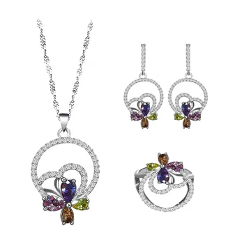 ROLILASON regalos Para el amante de la Mariposa Diseño de la Flor de Plata 925 diferentes Circón Aretes Collar de Anillos de la Joyería Conjuntos de JS854