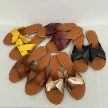 Romano Retro Mujer Sandalias de Gladiador de las Mujeres de la Moda de la Comodidad de Cuero Plano con Playa Casual Viajar Nuevas Diapositivas Zapatos de Playa