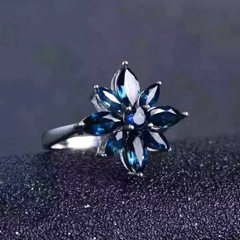 Romántico zafiro anillo flor natural oscuro, azul zafiro anillo de plata maciza de 925 de la plata esterlina anillo de zafiro de fiesta de noche