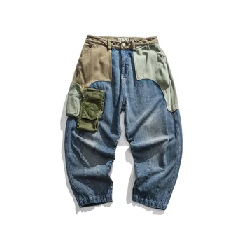 Ropa de Mezclilla Corredores de Hip Hop de Retazos de Pantalones de los Hombres Japoneses de Estilo Harajuku, Pantalones Harem, de Tamaño Más holgados vaquero Jeans de Carga